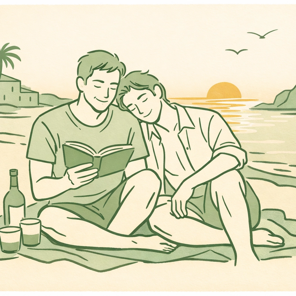 MM couple reading gay romance novel together on Mediterranean beach at sunset