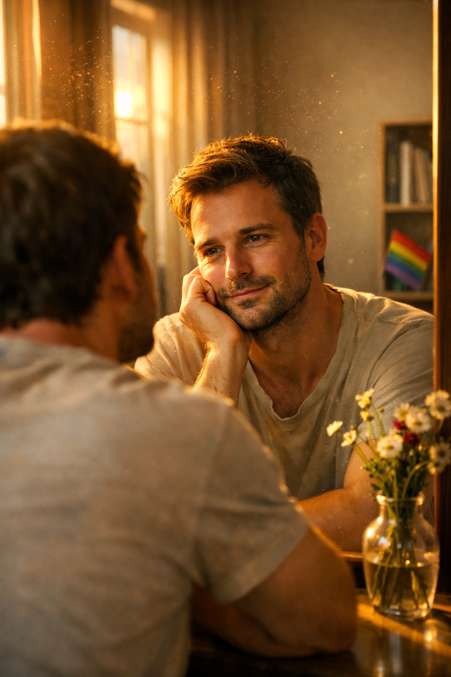 A man reflecting on his queer identity and authentic self in a sunlit room.