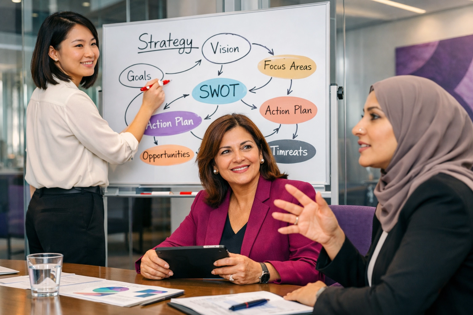 Diverse women leaders collaborating on strategic business framework in conference room
