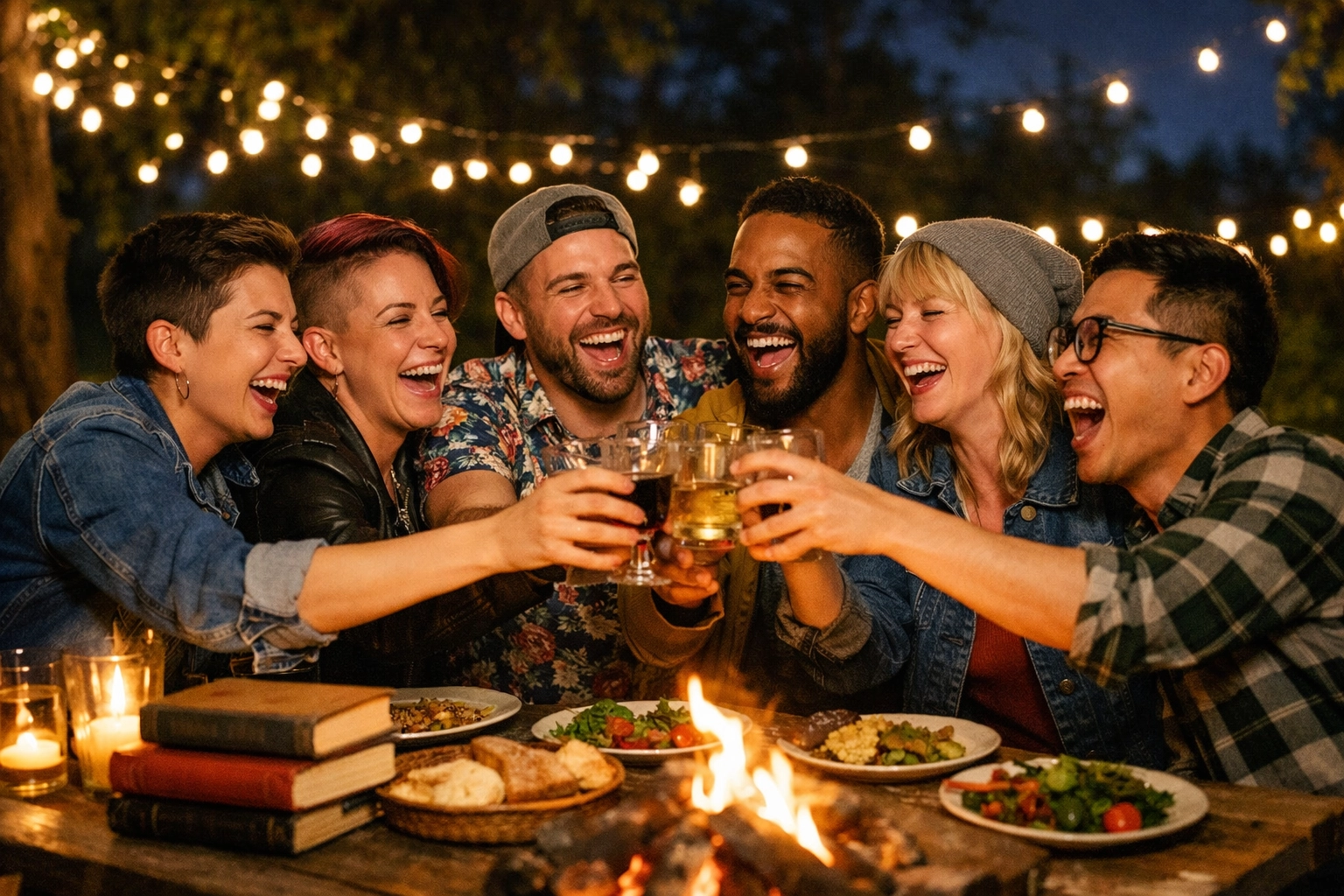 A diverse group of LGBTQ+ friends laughing and sharing a meal, celebrating queer joy and community.