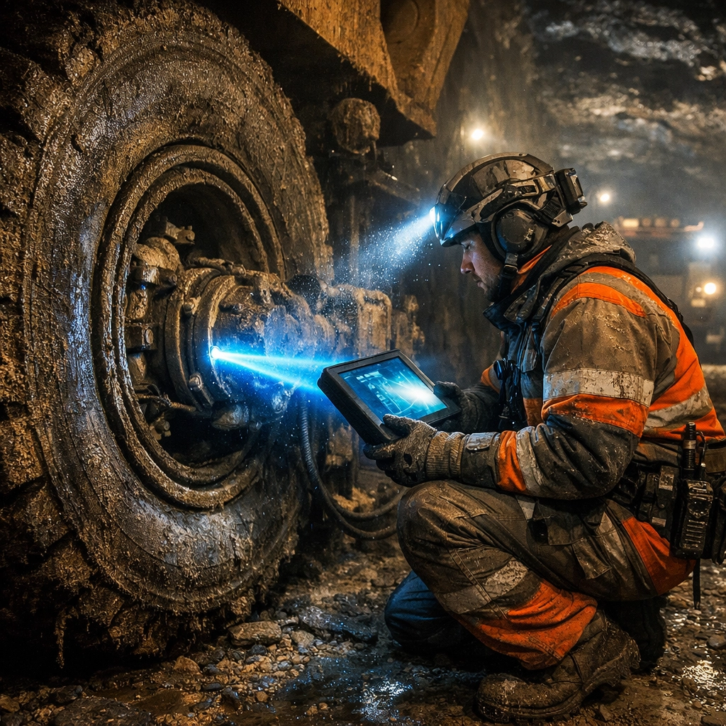 Smart mine technician using a rugged tablet to diagnose a massive autonomous truck in an underground tunnel.