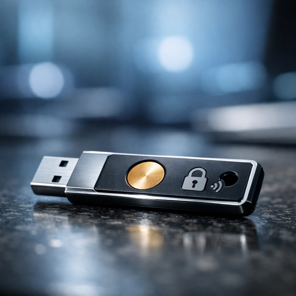 Hardware security key on a desk representing tax data encryption and FTC Safeguards Rule compliance.