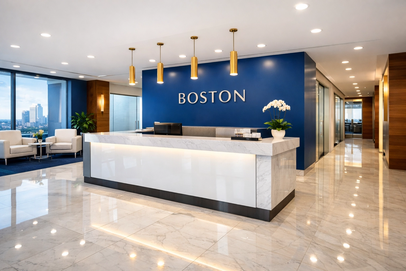 Pristine office lobby with polished marble floors showcasing professional commercial cleaning in Boston.
