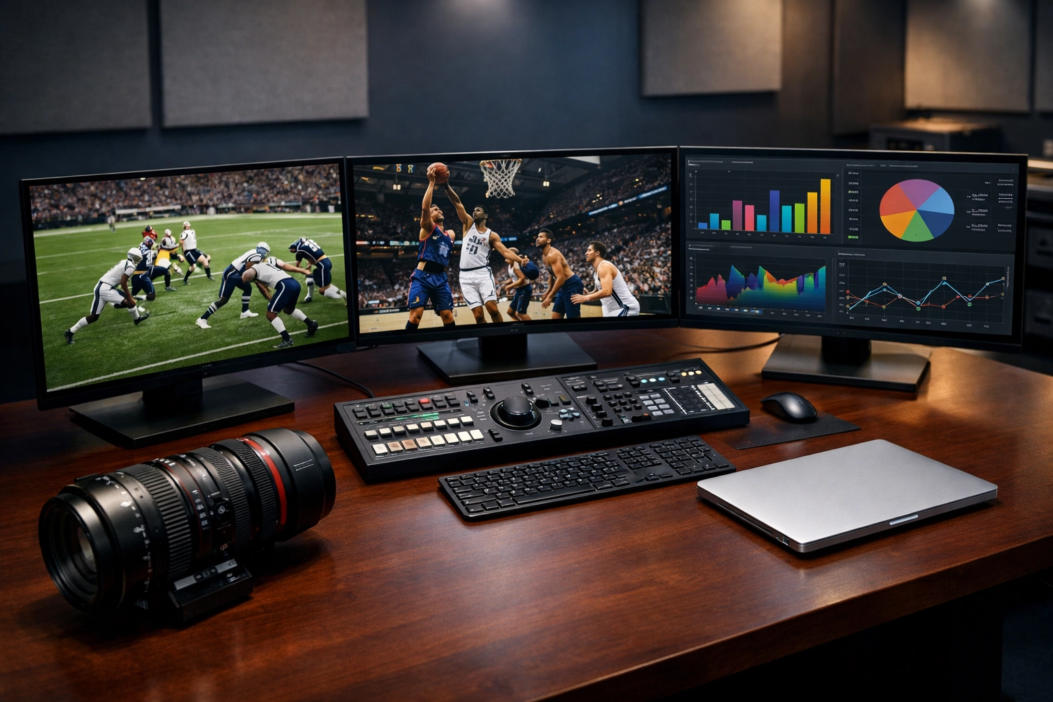 Professional media production suite showing sports broadcasts and data charts for strategic asset management.