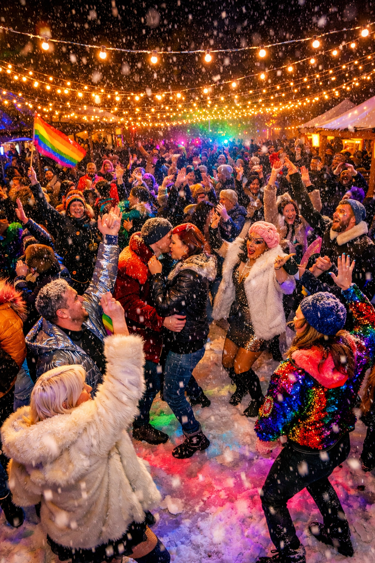 Winter pride outdoor dance party with LGBTQ+ community celebrating under string lights