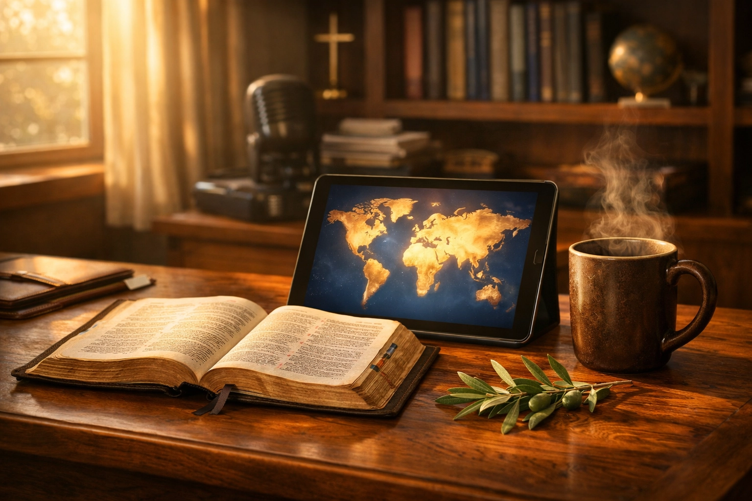 Open Bible and tablet with a world map on a peaceful desk, representing a biblical lens on global news.
