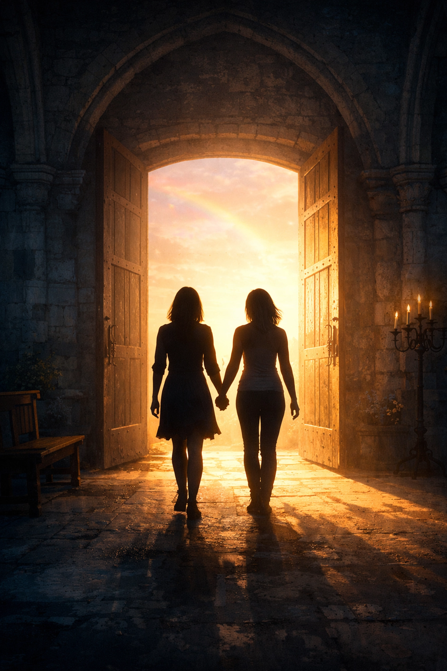 Two women holding hands leaving convent toward light symbolizing freedom and lesbian love