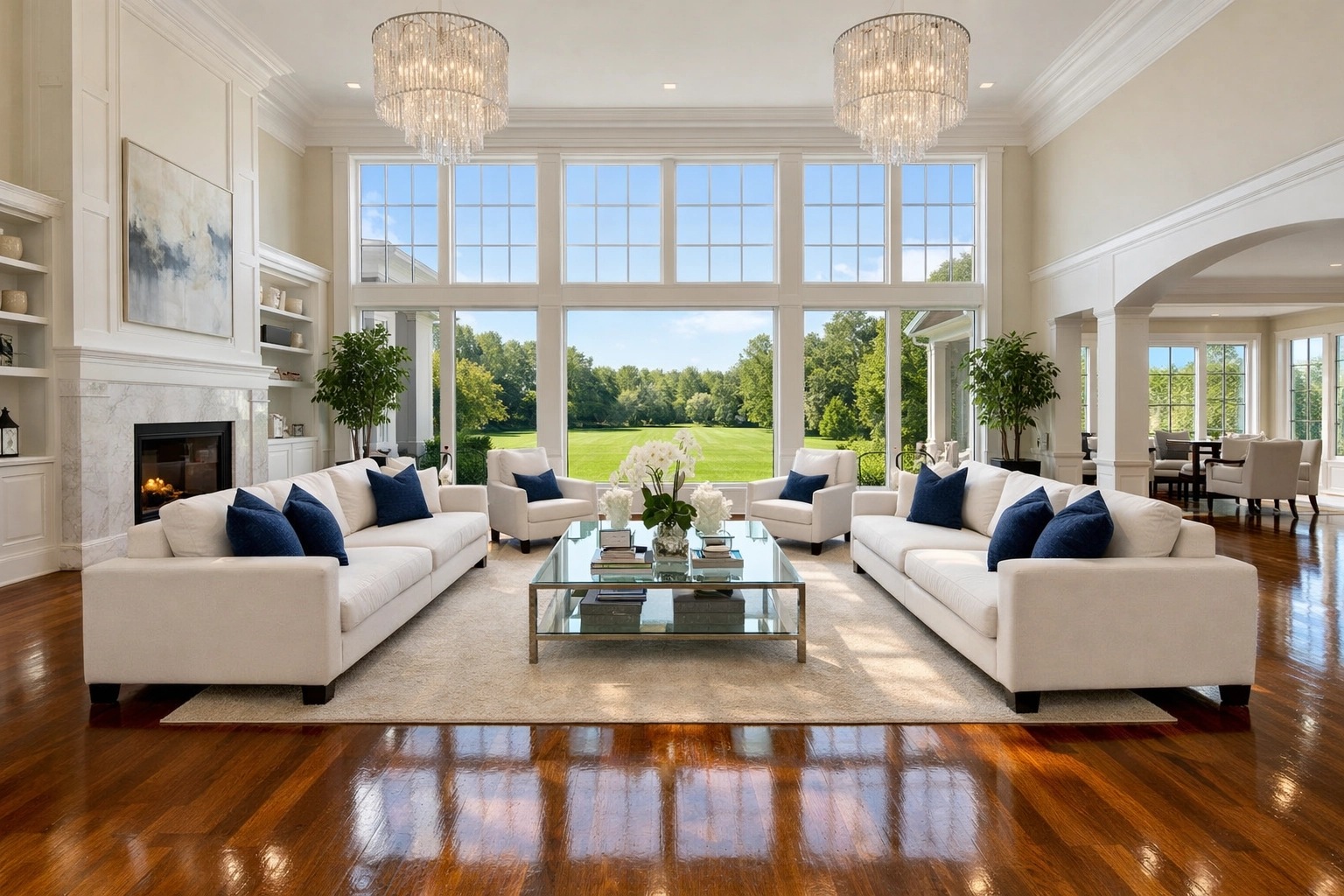 Sun-drenched luxury living room with pristine floors following a professional cleaning service in Weston, MA.
