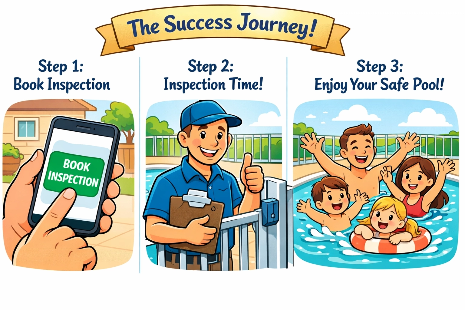 Simple 3-step process to get a Form 23 pool safety certificate, from online booking to family pool safety.
