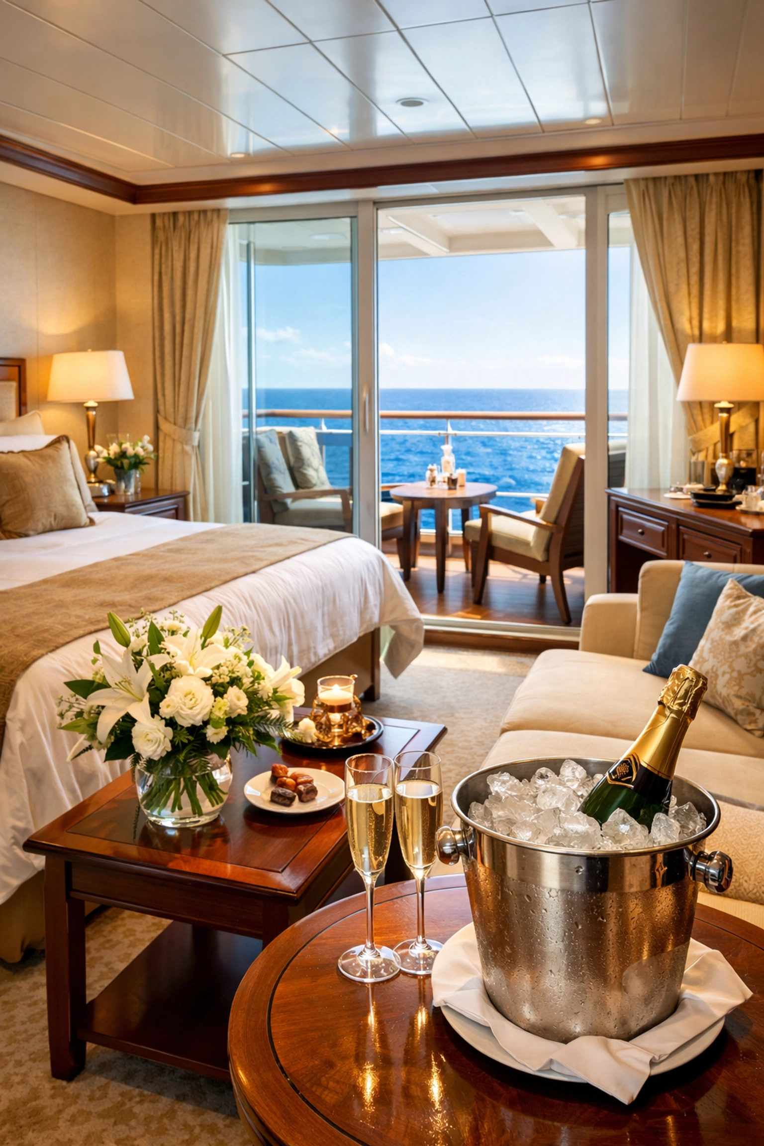 First-class cruise ship cabin interior with ocean view balcony and luxury amenities
