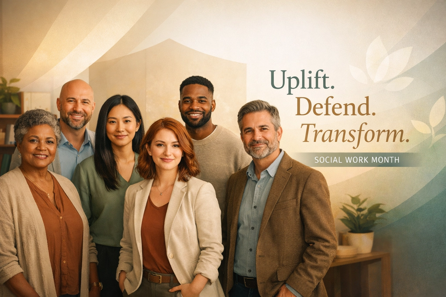 [HERO] A professional, diverse Social Work Month hero image representing the theme: Uplift. Defend. Transform.