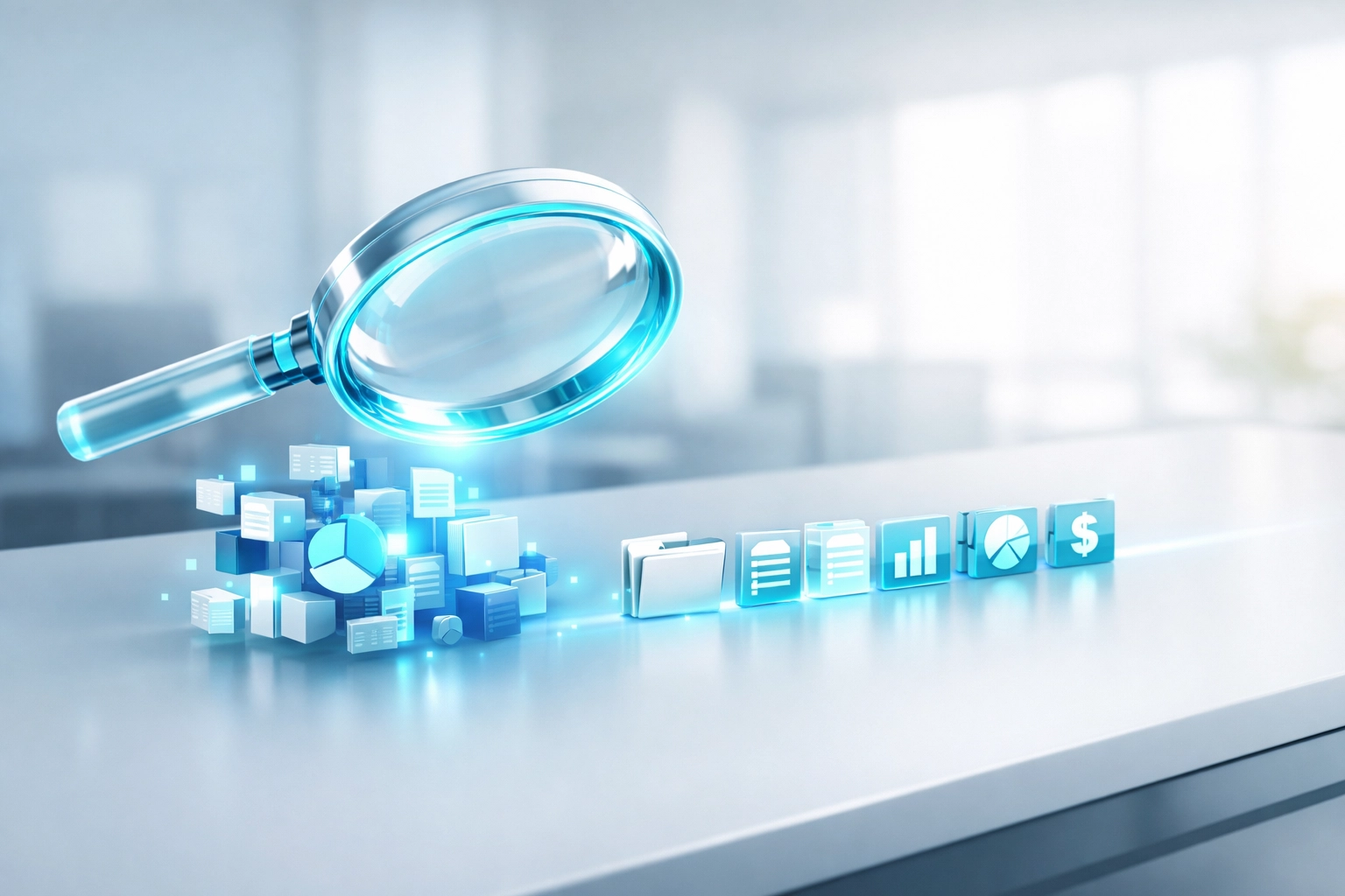 Magnifying glass organizing financial folders representing a professional QuickBooks cleanup and financial clarity.