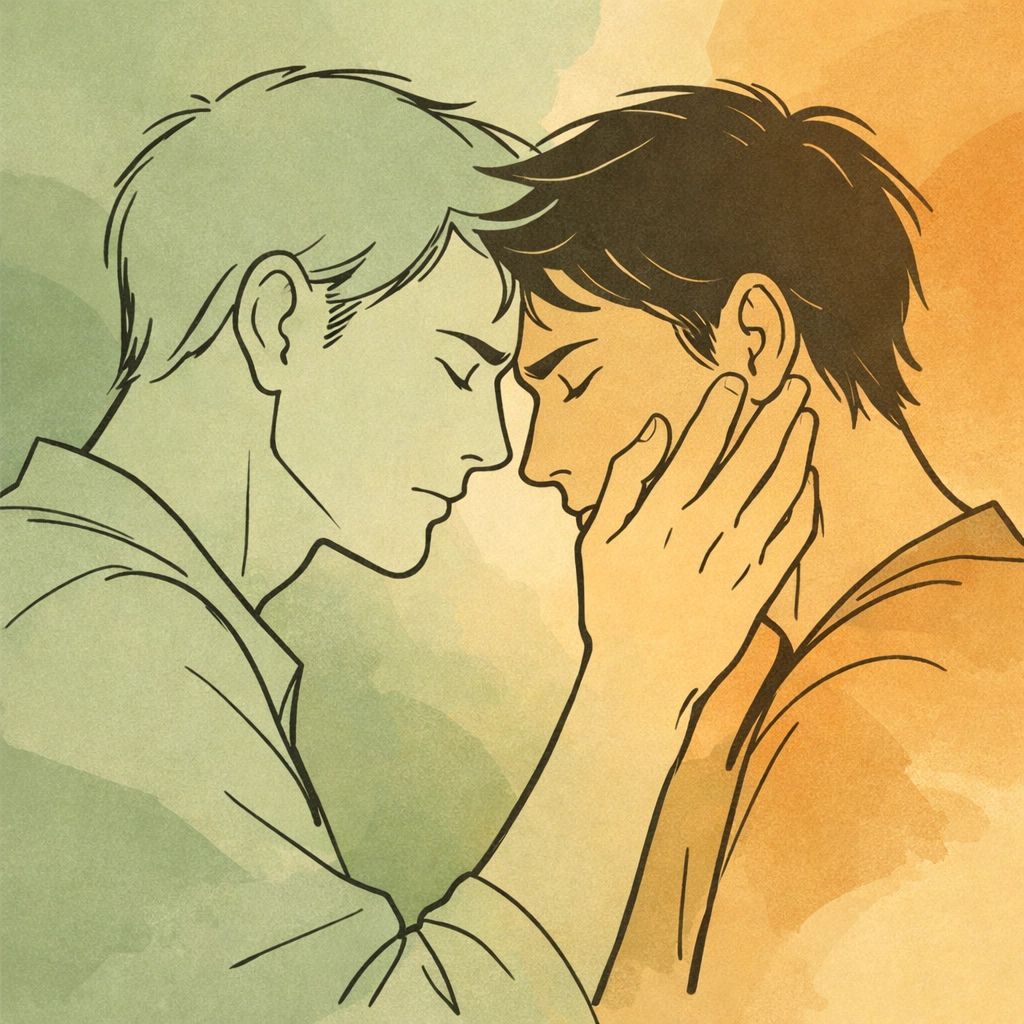 Two men in tender moment depicting authentic queer love and emotional vulnerability from MM romance novel