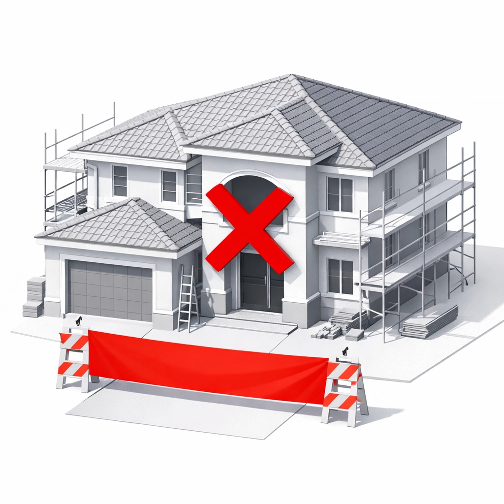 Illustration of a Florida home with a stop work order sign and red tagged building markings.