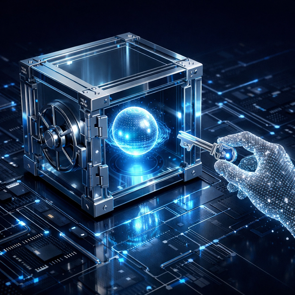 Secure digital asset vault symbolizing Larecoin non-custodial crypto payment security and private key protection.