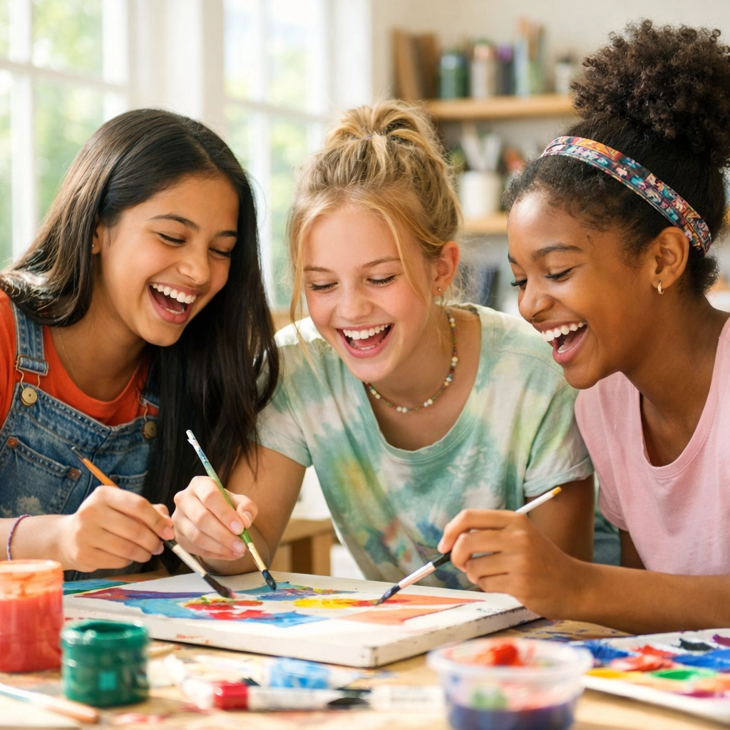 Diverse teenage girls enjoying art therapy at a youth residential treatment center.