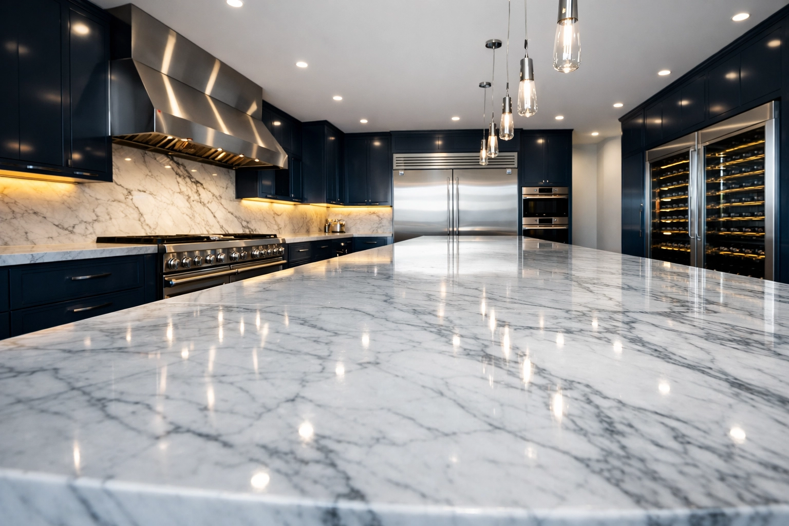 Spotless gourmet kitchen with marble islands, part of a tailored Andover luxury cleaning plan for estates.