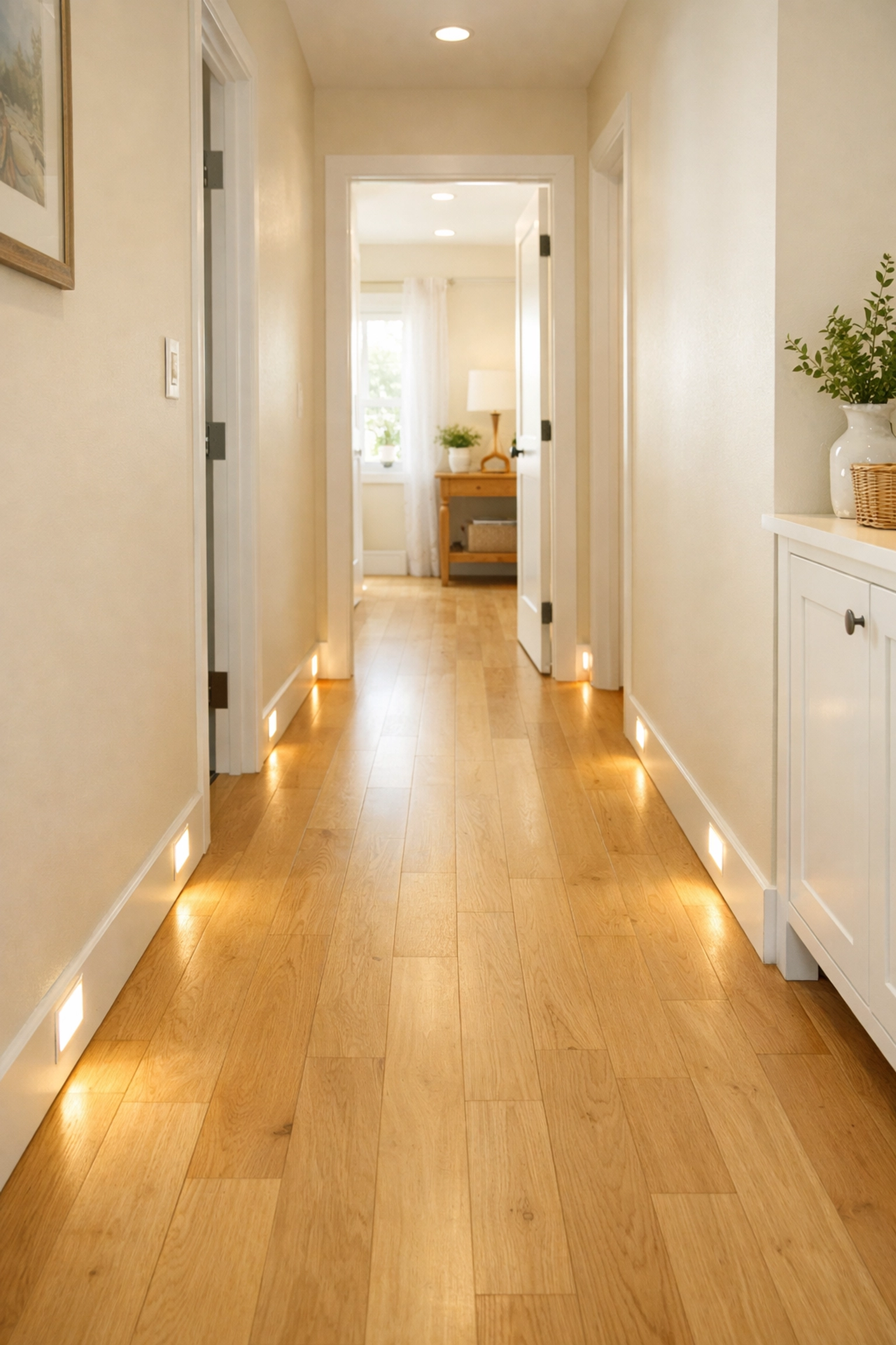 A bright hallway with motion-sensor lights and no rugs to reduce fall risks for people with dementia.