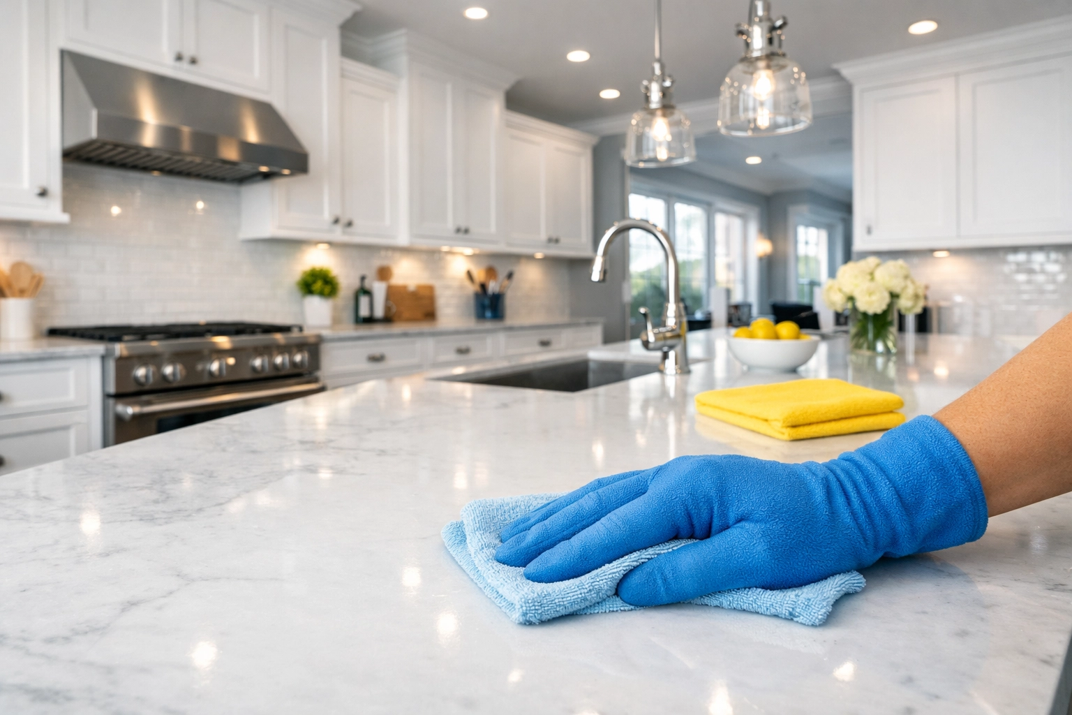 Professional house cleaning Westford MA showing a cleaner wiping a modern marble kitchen counter.