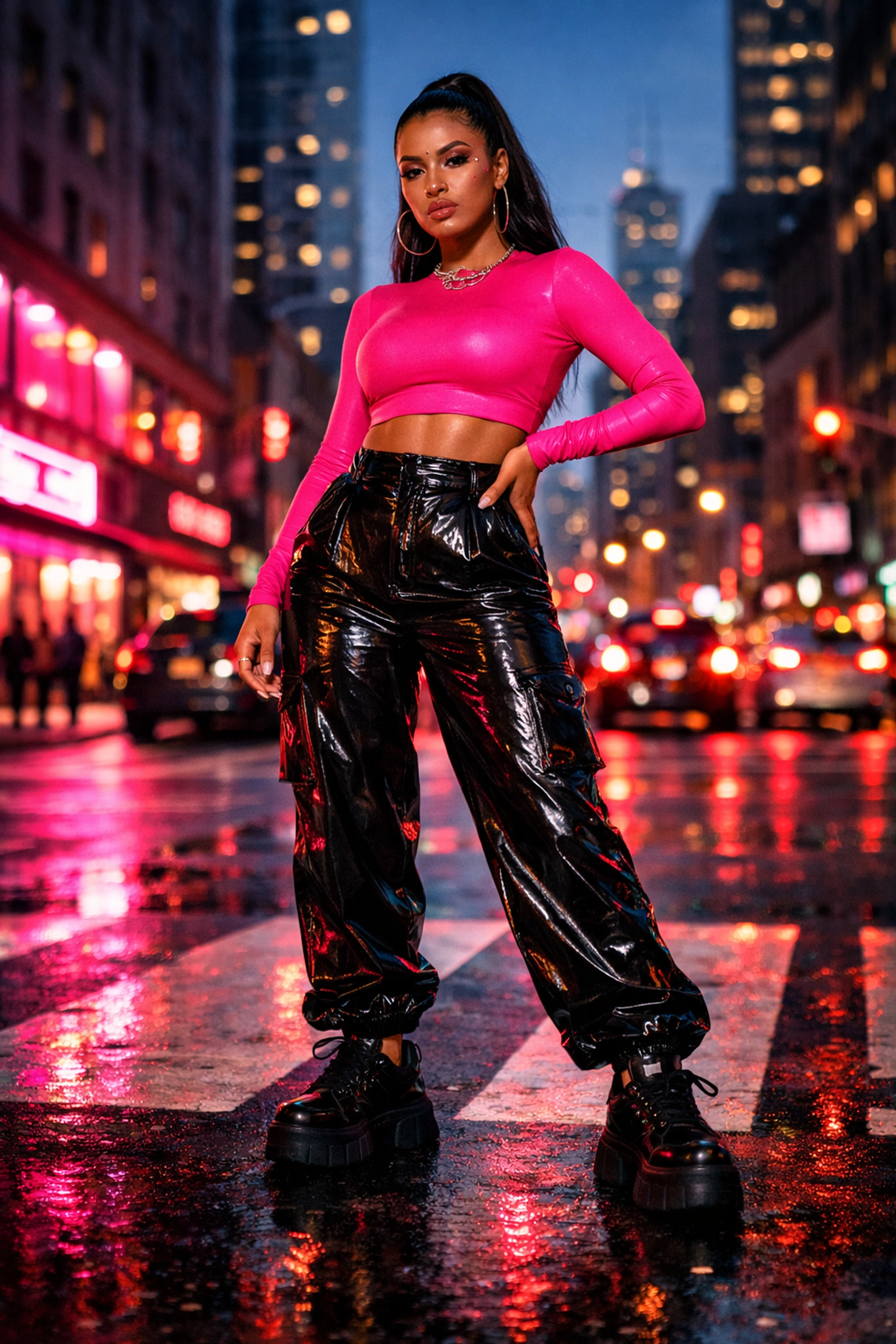 Baddie style woman in a pink cute crop top and cargo pants, showcasing bold streetwear brands for women.