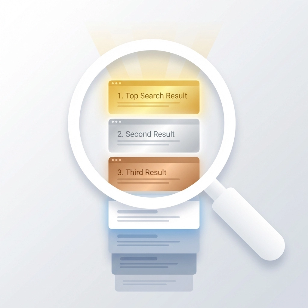 Stack of web page cards under a magnifying glass, highlighting top-ranked SEO results on a search engine page.