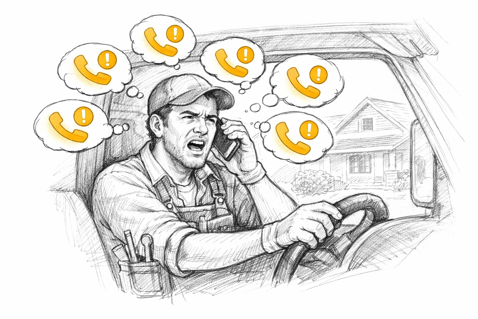 Frustrated handyman in work truck dealing with missed calls and scheduling conflicts from potential clients