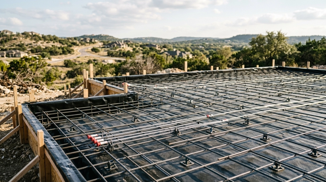 A detailed view of a home's foundation preparation, showing rebar and post-tension cables over a black vapor barrier before the concrete is poured.