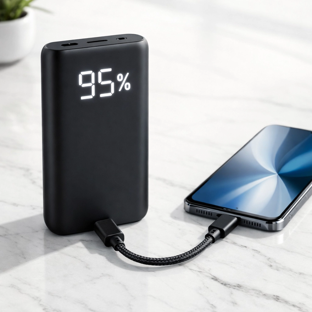 Portable power bank with a digital battery percentage display charging a smartphone.