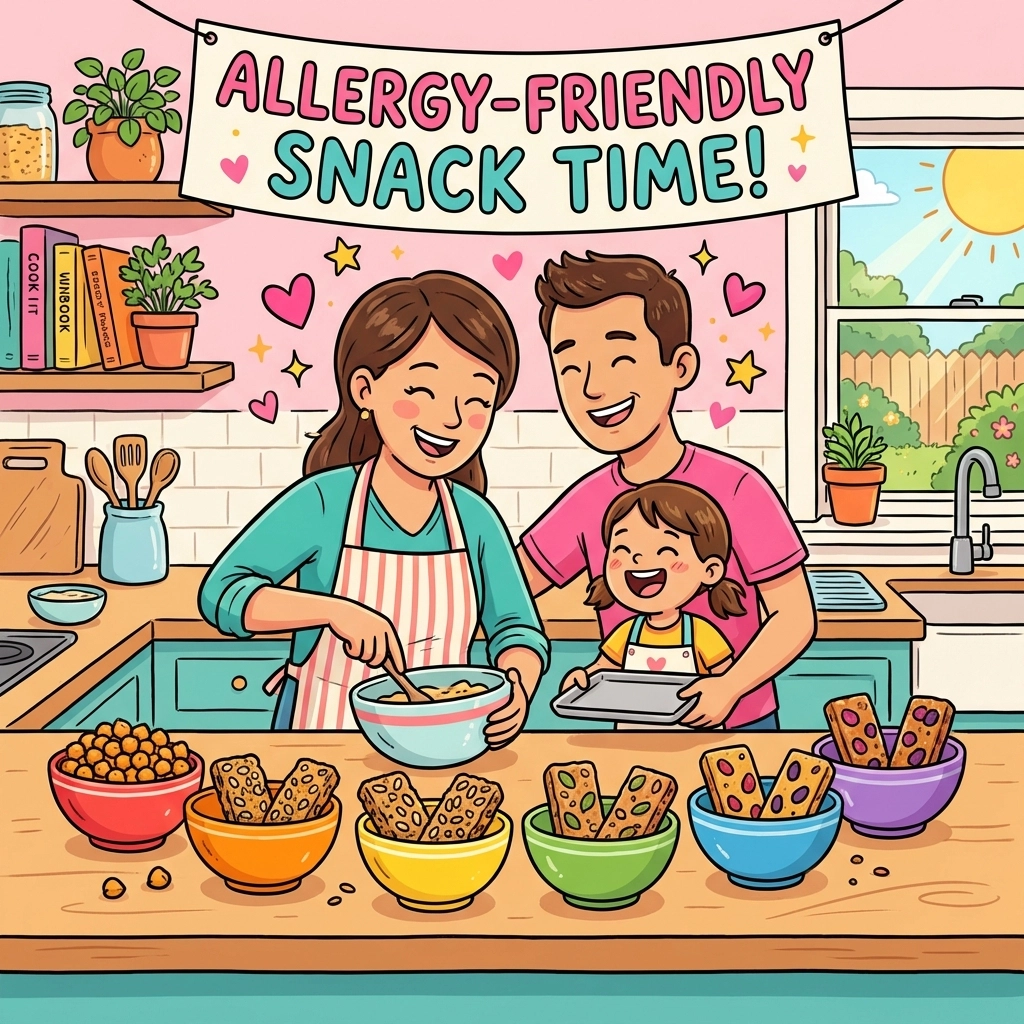 Family making allergy friendly nut free and gluten free snacks together in a cheerful kitchen