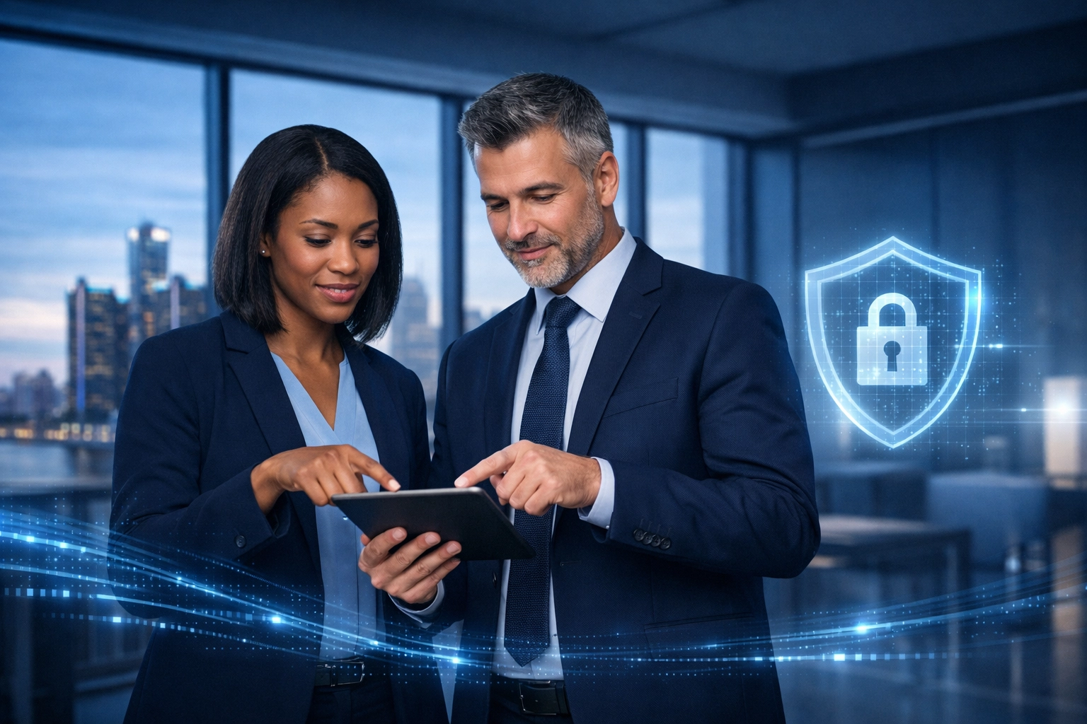 Michigan business employees reviewing safety protocols with ClearPath IT 911 Camera Share technology.