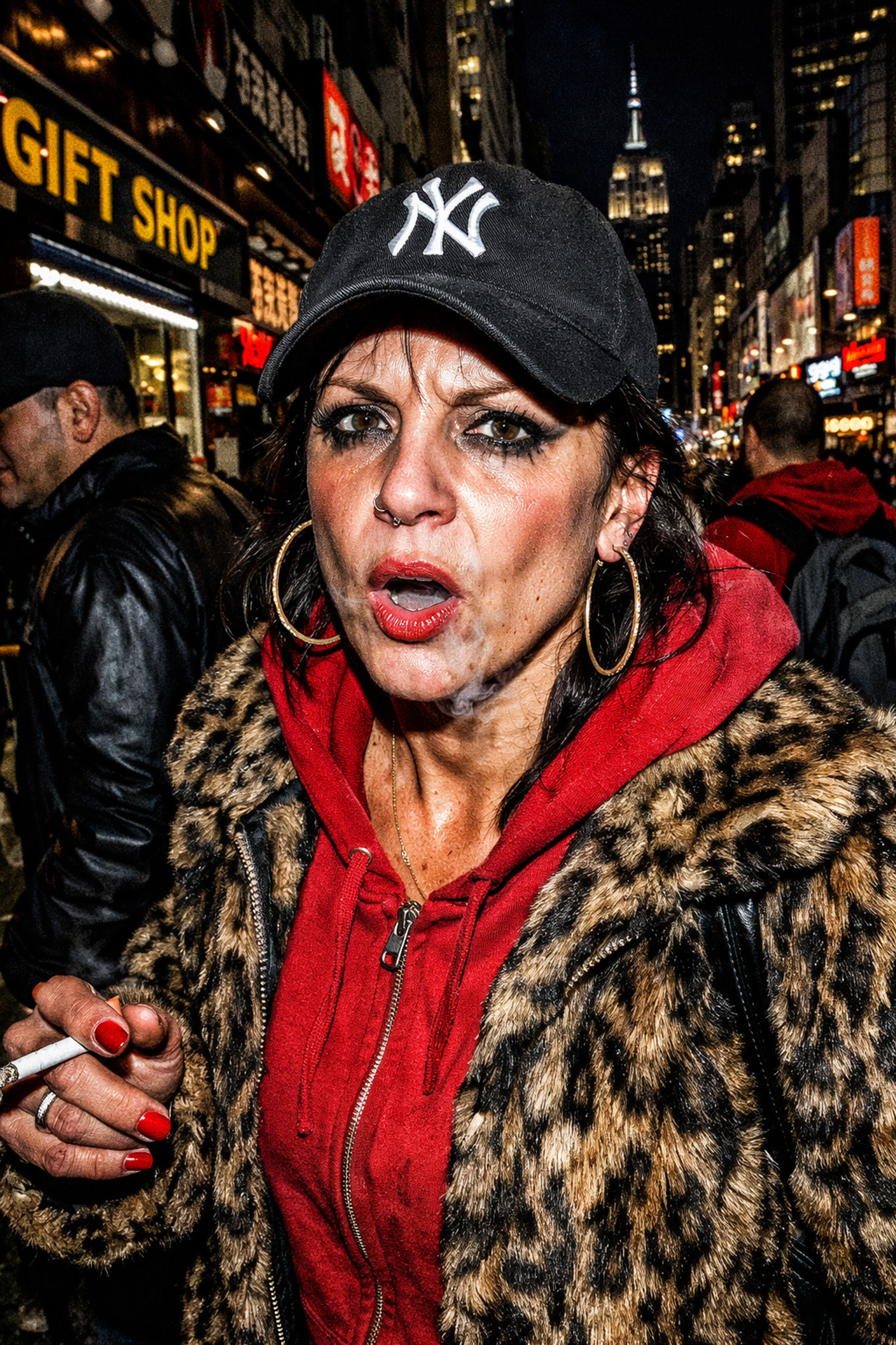 Close-up street photography portrait using flash to create a gritty, high-contrast urban aesthetic.