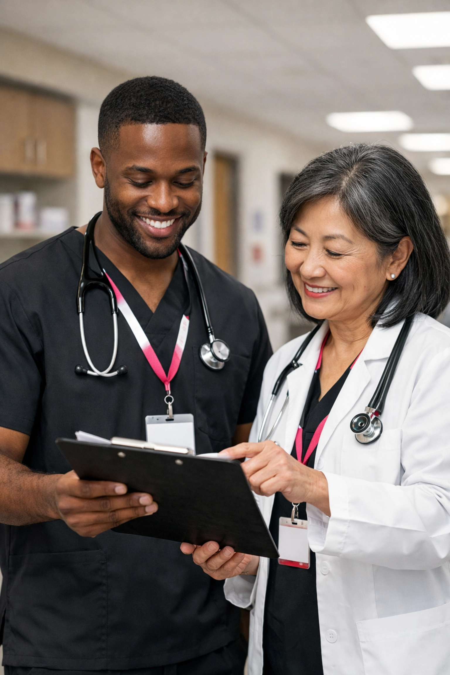 Director of Nursing and mentor reviewing a clinical chart to ensure leadership stability and quality of care.