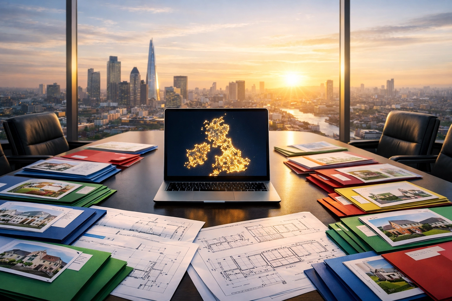 Property folders and a digital UK map on a boardroom table representing diverse mortgage lending options.