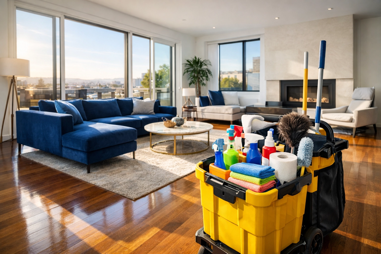 Professional Airbnb cleaning services preparing a luxury living room for a fast turnaround.