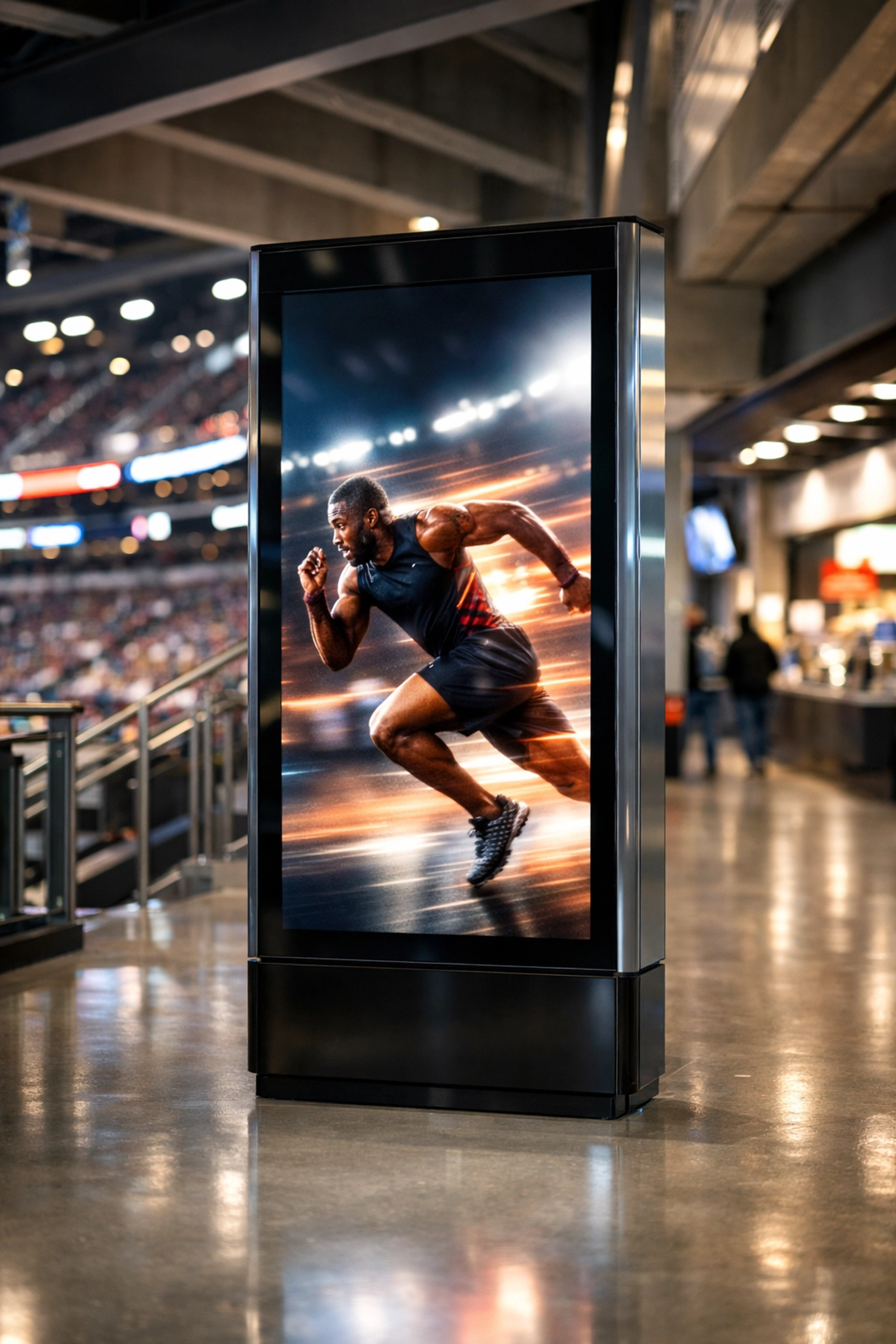 Digital Sportrons advertising display pylon in a modern sports arena concourse featuring professional athlete imagery.
