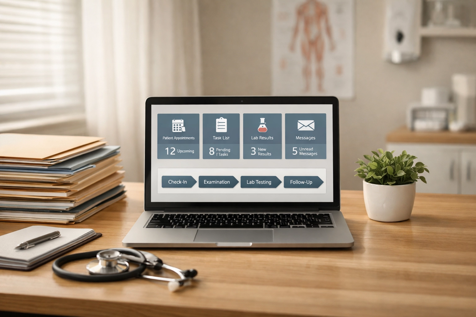 Organized healthcare practice workspace with streamlined digital workflow system