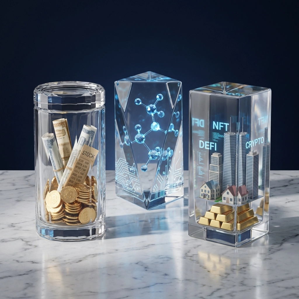 Three containers filled with stocks, bonds, and alternative assets symbolize diversified portfolio allocation.