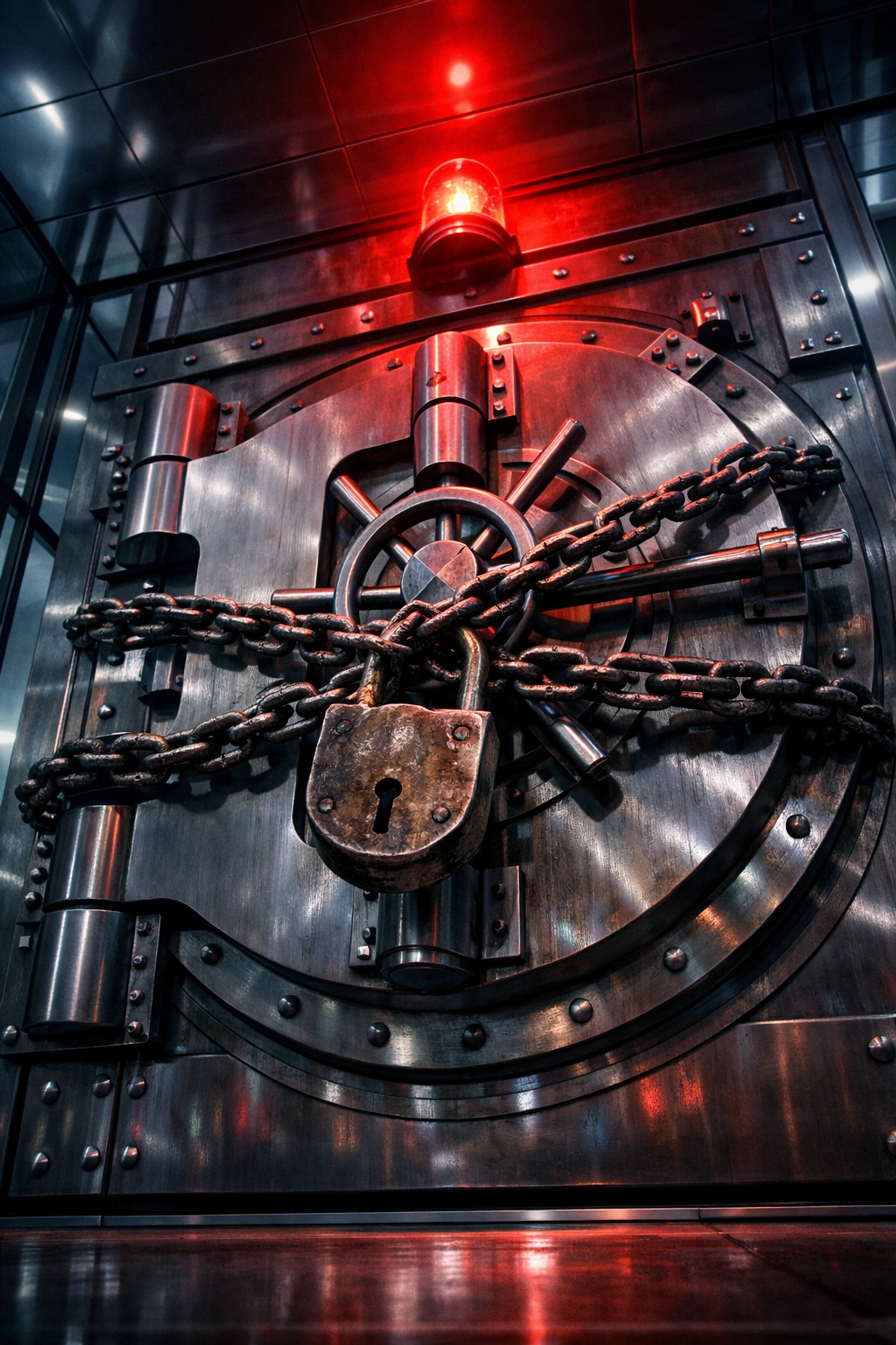 Chained bank vault door representing Blackstone gating investor withdrawals in private credit.