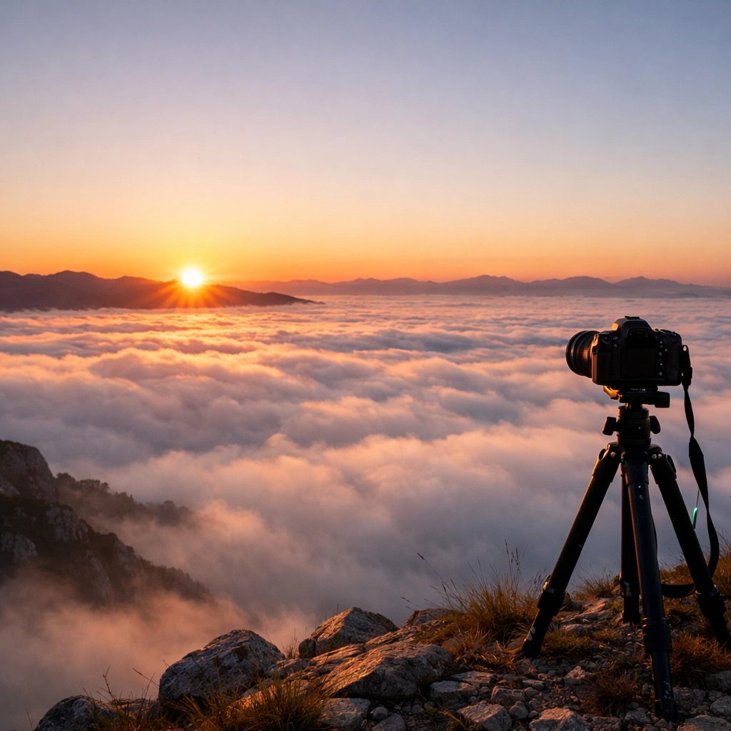 Tripod silhouette above a sea of clouds at sunrise: landscape photography golden hour