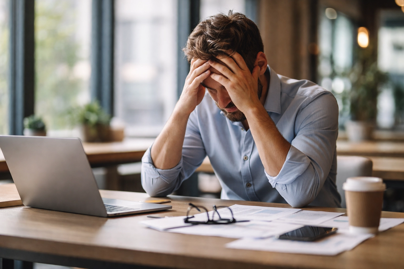 Stressed entrepreneur at a co-working space desk, showing the mental overwhelm and pressure of startup stress.