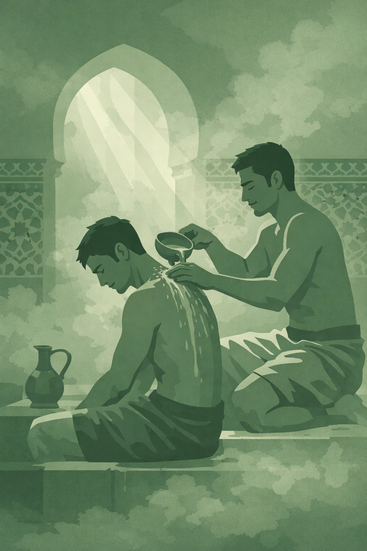 Traditional bathhouse ritual between two men in ornate Central Asian hammam setting