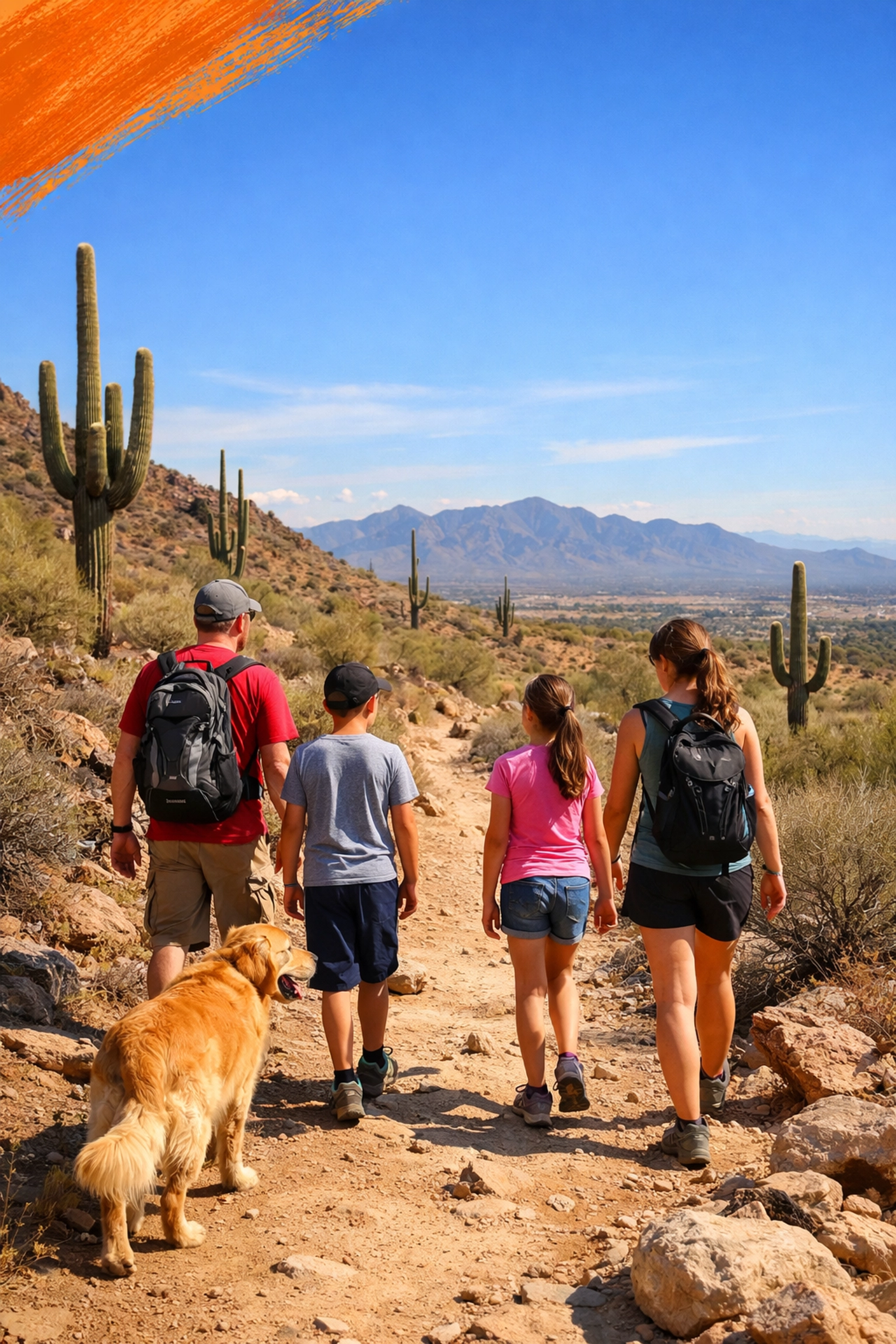 Family hiking desert trail at Skyline Regional Park Buckeye Arizona in February