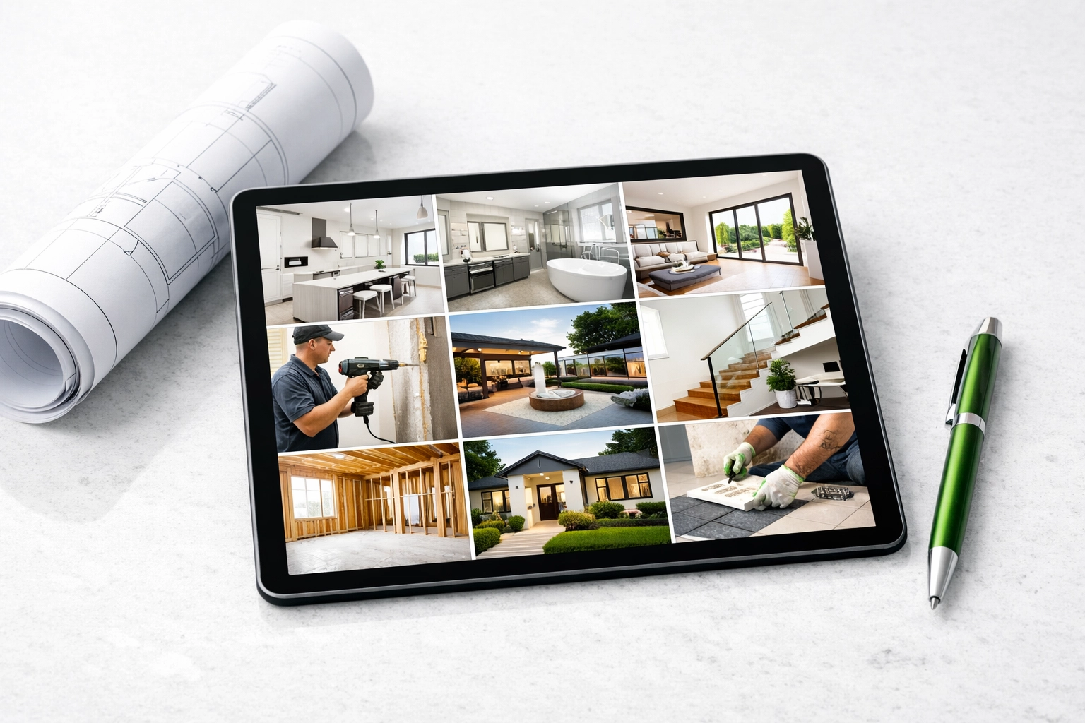 Tablet showing organised contractor project portfolio and blueprint for better contractor website design
