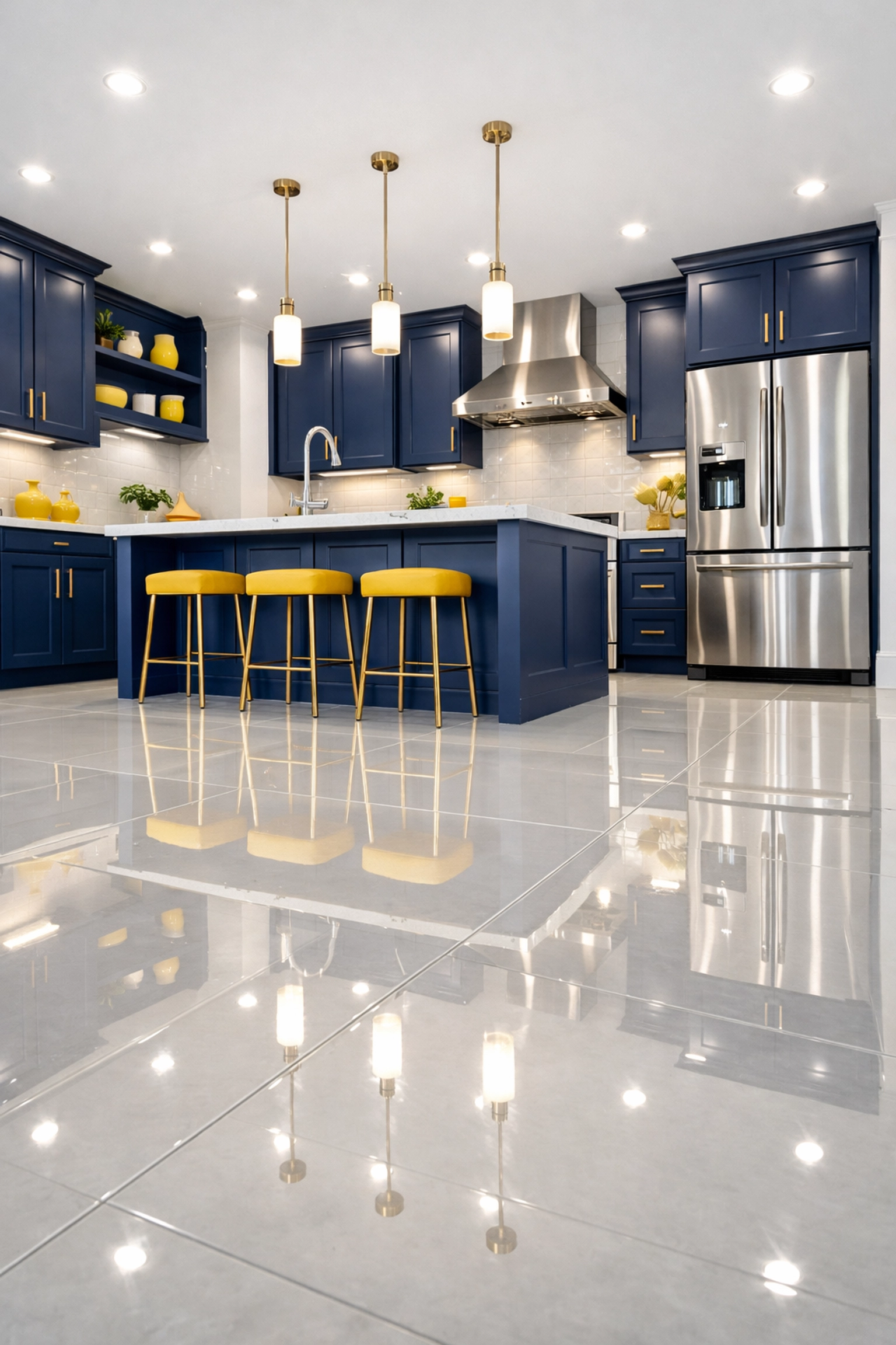 Luxury Boston kitchen featuring polished quartz counters and floors from professional post-construction cleaning services.