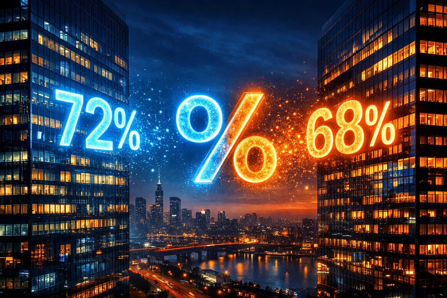 City buildings with floating percentage symbols representing the competitive UK mortgage rate war.