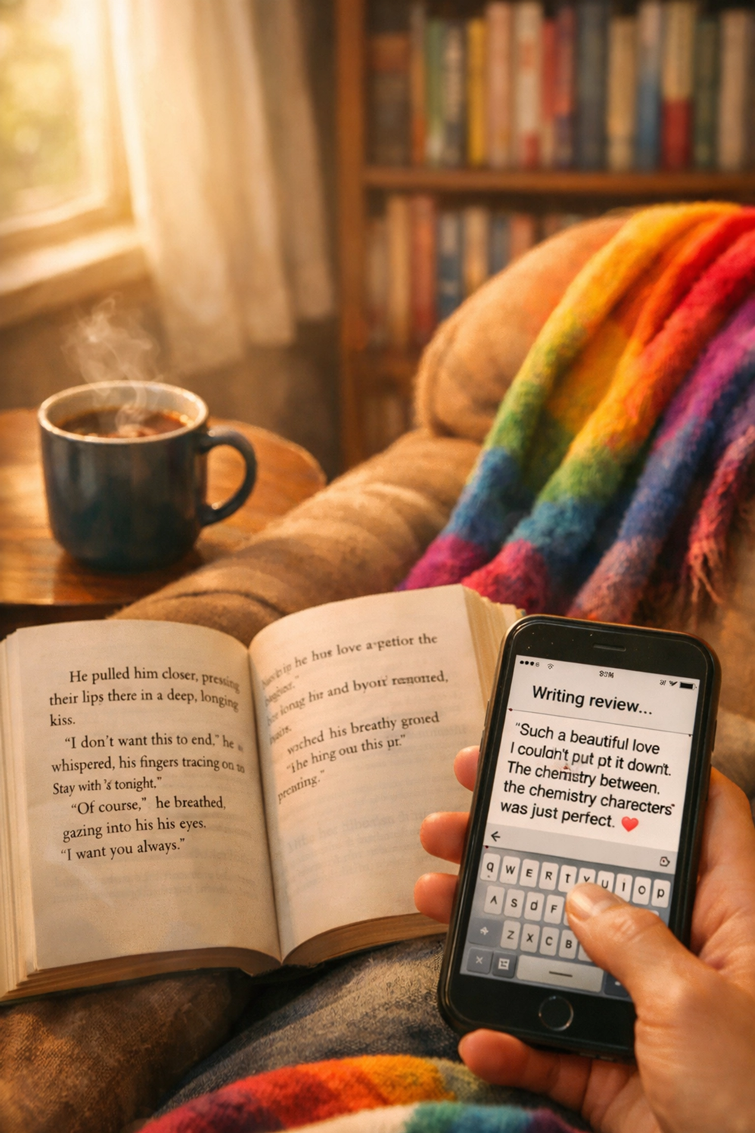 Cozy reading space with MM romance novel, coffee mug, and reader typing authentic LGBTQ+ book review