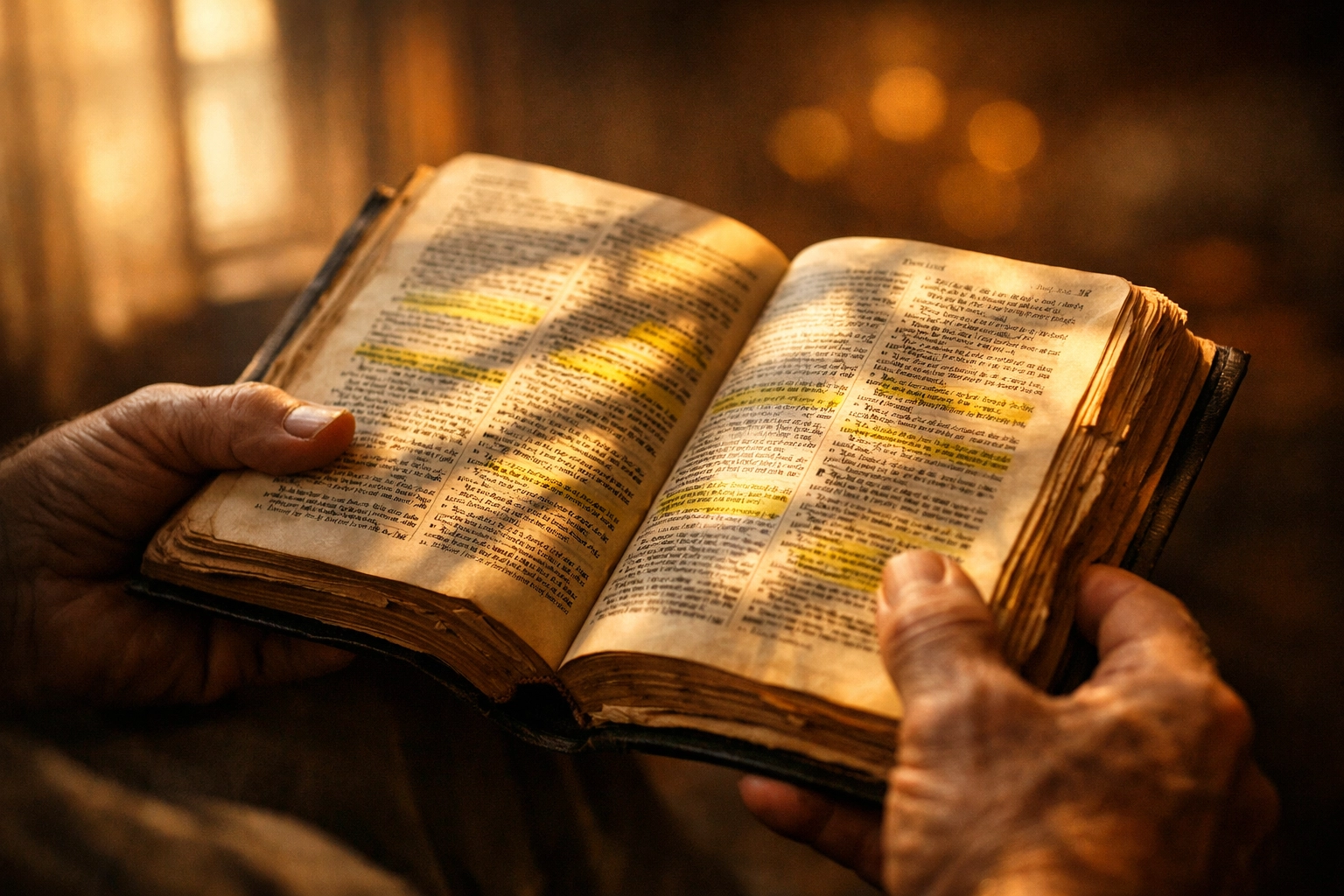 Hands holding open Bible with highlighted passages symbolizing seeking answers to life's deepest questions