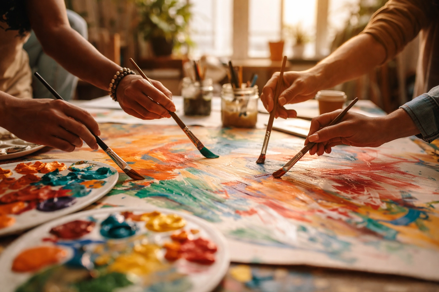 Team members' hands collaborating on a shared canvas during a corporate creative workshop