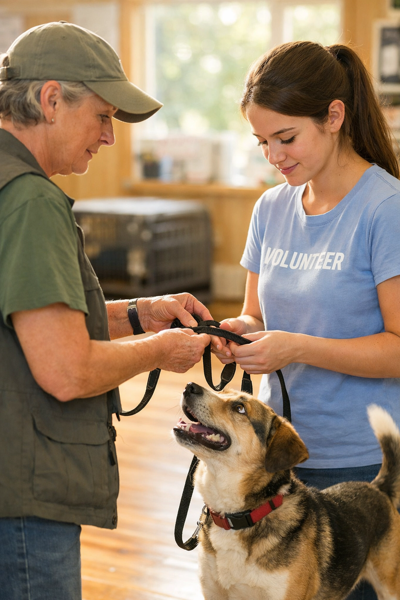 Shelter staff member training a new volunteer at an animal shelter on leash handling with a rescue dog.