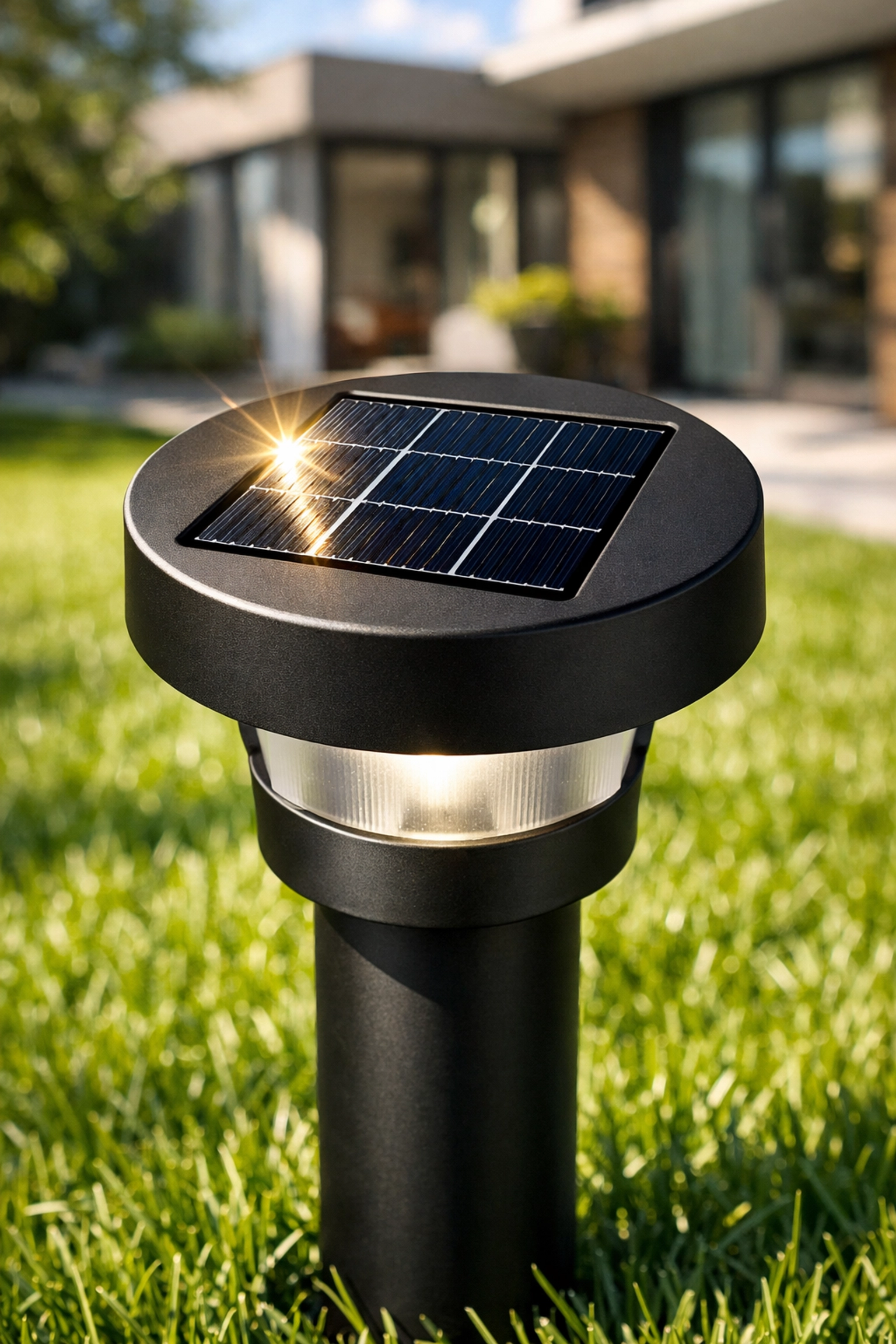 Ηλιακά φωτιστικά κήπου σε γρασίδι που φορτίζουν κάτω από το άμεσο ηλιακό φως.